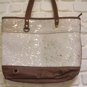 Myra Bag Brown Leather Cream Hairon Gold Fleck Large Tote Bag